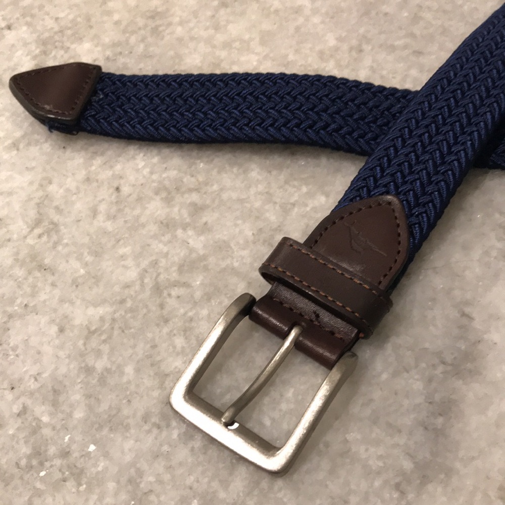 Tommy Bahama Woven Belt Mens XL Blue Stretch Braided Leather Trim Silver Buckle - Picture 2 of 8